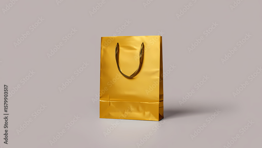 Elegant Gold Metallic Shopping Bag with Black Ribbon Handles on a Neutral Grey Background, Perfect for Luxury Retail, Festive Gifts, and Premium Product Packaging.