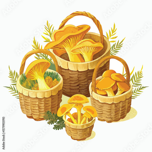 Fresh autumn mushrooms overflow from a wicker basket, isolated on white, showcasing nature's healthy and organic bounty