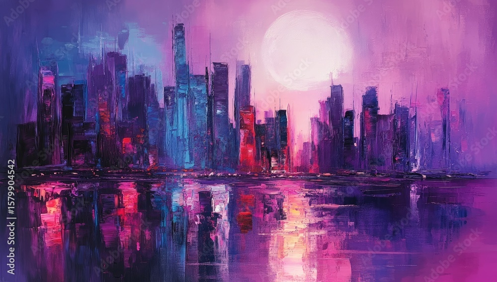 Fototapeta premium Abstract city skyline at night, vibrant colors, large buildings, reflective water, full moon