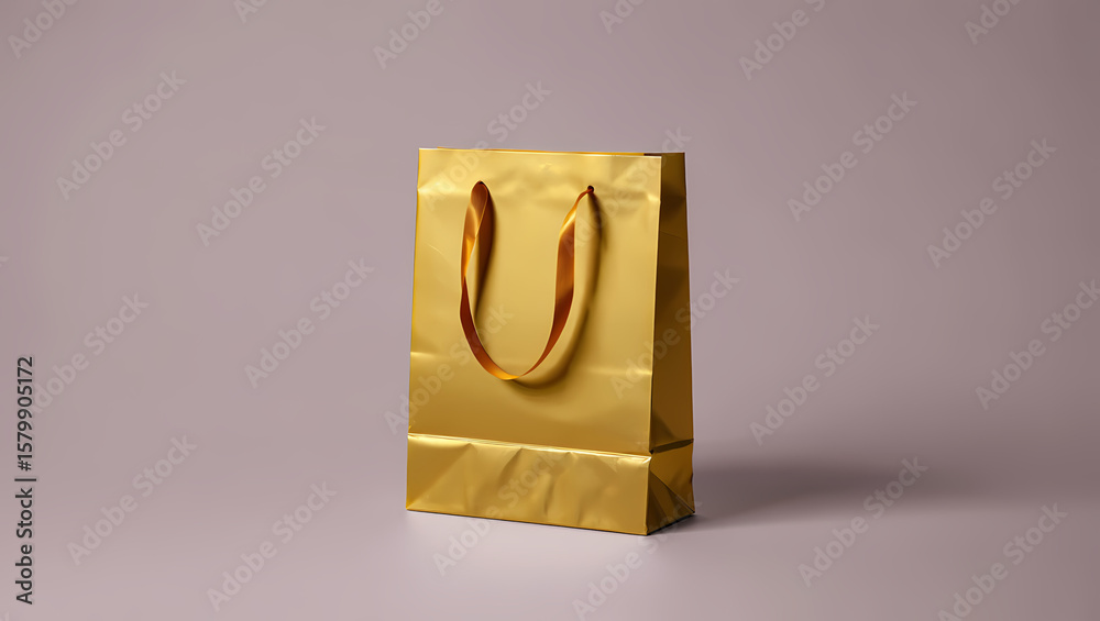 Elegant Gold Metallic Shopping Bag with Black Ribbon Handles on a Neutral Grey Background, Perfect for Luxury Retail, Festive Gifts, and Premium Product Packaging.