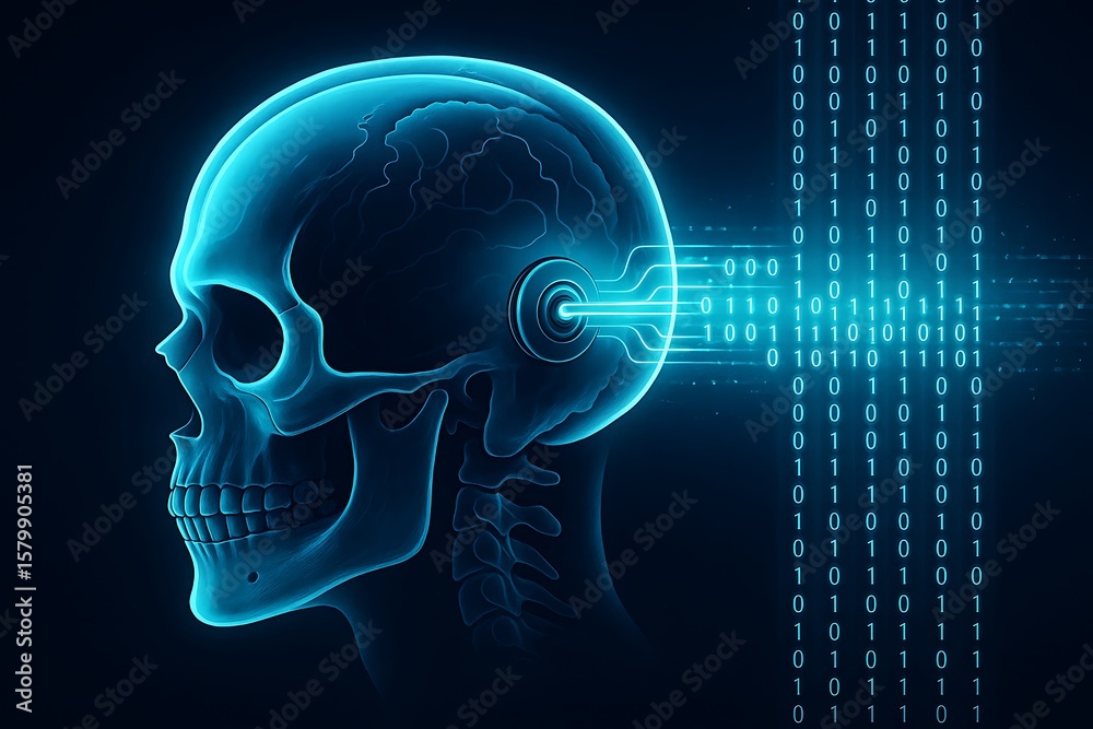 Obraz premium Data stream entering skull via neural port, futuristic brain-data interface