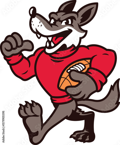 Cartoon wolf mascot character playing American football in retro vintage style college sports theme