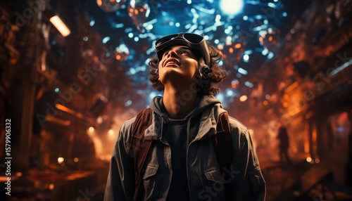An individual wearing augmented reality glasses for navigation