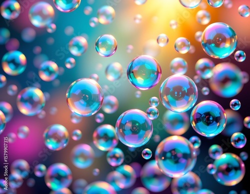 Wallpaper Mural the image shows a multitude of iridescent bubbles floating against a blurred background of soft blues, purples, and oranges, the bubbles are of varying sizes Torontodigital.ca