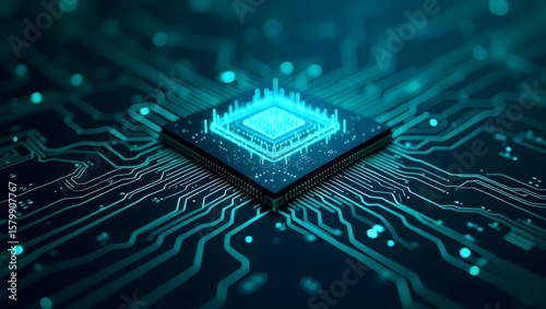 Abstract AI Microchip Network with Glowing Teal Circuit Lines in Futuristic Isometric Design
