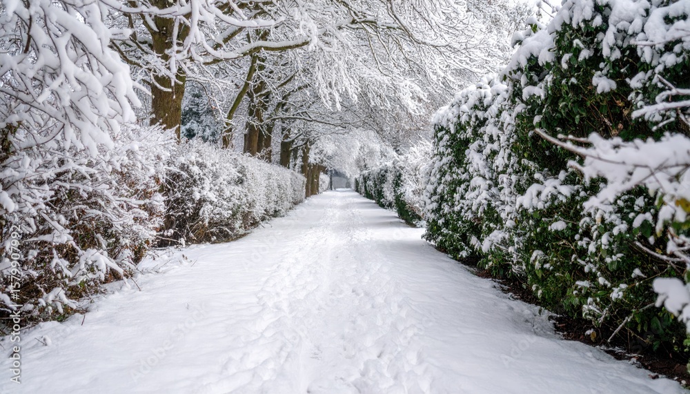 Fototapeta premium Snowy pathway through trees
