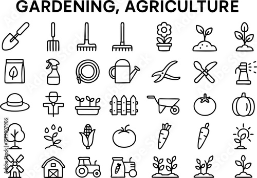Vector gardening and agriculture icon set featuring plants, shovel, watering can, tractor, seeds, crop, and tools. Ideal for farming, horticulture, and eco themes.

