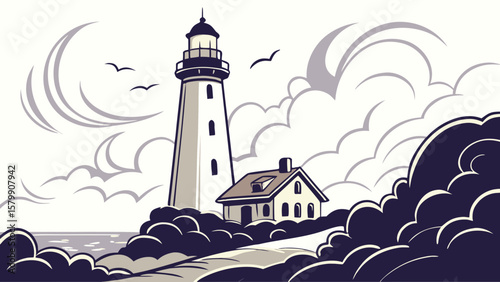 Impressionistic watercolor of a lighthouse amid dark cloudy forms in white background vector illustration. 
