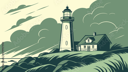 Impressionistic watercolor of a lighthouse amid dark cloudy forms in green background vector illustration. 
