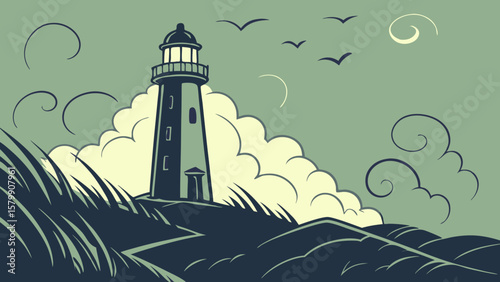 Impressionistic watercolor of a lighthouse amid dark cloudy forms in green background vector illustration. 
