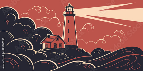 Impressionistic watercolor of a lighthouse amid dark cloudy forms in red black background vector illustration. 
