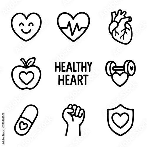 A set of doodle line icons promoting heart health with symbols like heartbeat, exercise, diet, medicine, protection, and strength