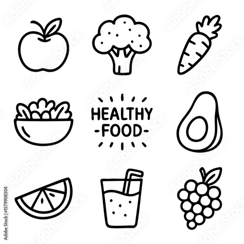 A set of doodle line icons featuring healthy food items like fruits, vegetables, juice, salad, and plant-based nutrition choices
