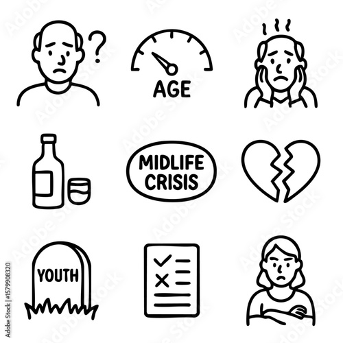 A set of doodle line icons depicting midlife crisis concepts such as aging, regret, anxiety, relationship problems, and personal evaluation