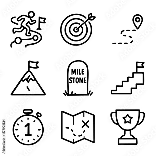 A set of doodle line icons illustrating goal setting, milestones, achievement paths, target completion, planning, and time management