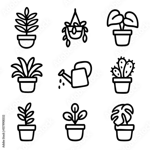 A set of doodle line icons showing indoor plants, cactus, watering can, and potted greenery for gardening and home decor themes