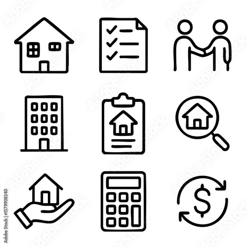 A set of doodle line icons representing real estate processes including buying, selling, renting, property search, finance, and agreements