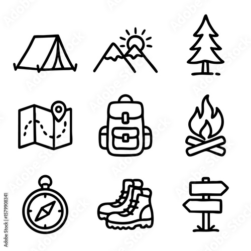 A set of doodle line icons representing camping and hiking elements such as tent, backpack, compass, fire, boots, and trail map