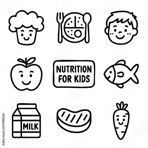 A set of doodle line icons about children's nutrition, featuring healthy food items like milk, fish, fruits, vegetables, and balanced meals