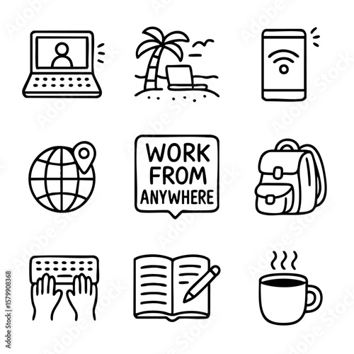A set of doodle line icons representing remote work lifestyle, including laptops, coffee, travel, writing, backpack, and internet connectivity