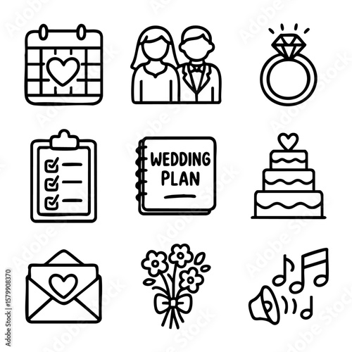 A set of doodle line icons covering wedding planning essentials including rings, invitations, cake, checklist, calendar, music, and flowers