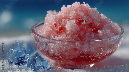 Pink sherbet in a glass bowl with ice.