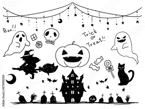 手描きのハロウィンセット白黒