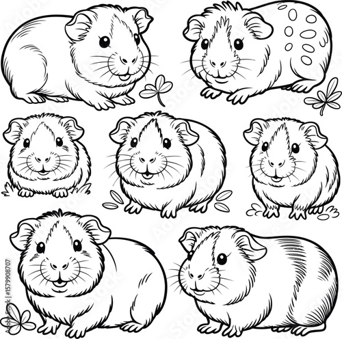 Collection of cute cartoon guinea pigs in various poses and patterns