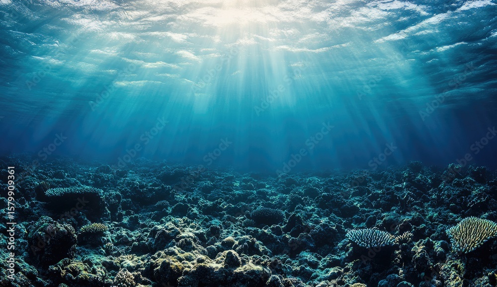 Naklejka premium Sunbeams pierce an underwater coral reef landscape