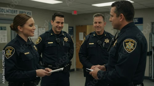 SEDLIATERT PROLICE POLIZEI. Group of diverse police officers in uniform having a team briefing inside a station. Law enforcement professionals collaborating on a case.