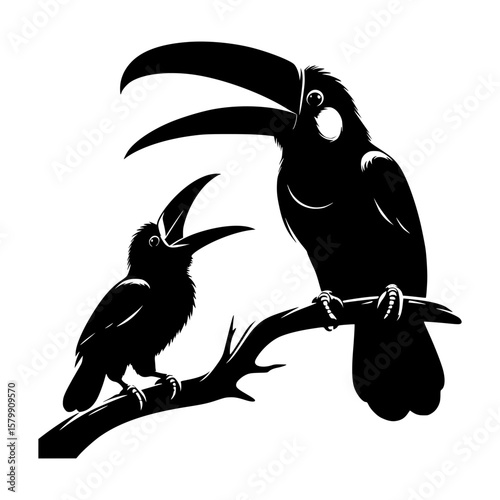 Two stylized black toucans perched on a branch with open beaks
