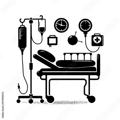 Medical equipment icons representing hospital care and patient treatment