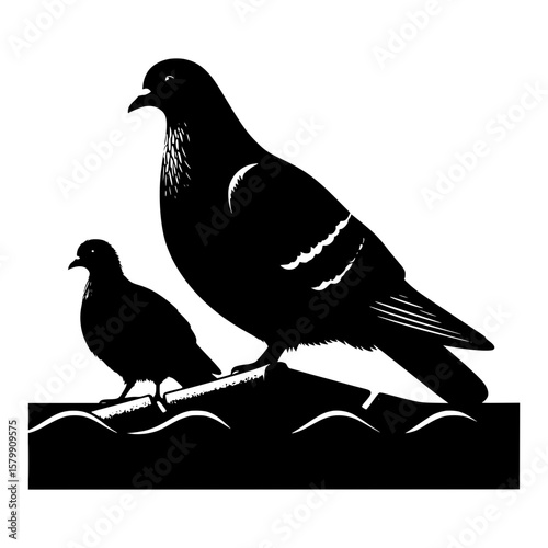Two silhouetted pigeons perched on a rooftop against a white background