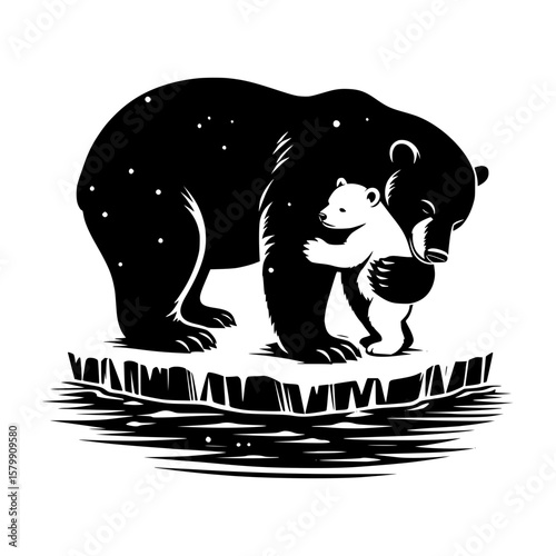 Polar bear mother and cub embrace on melting ice floe