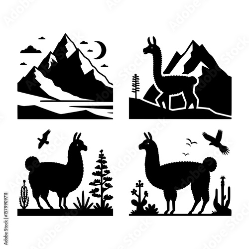 Stylized silhouette illustrations of llamas in natural mountain and desert landscapes