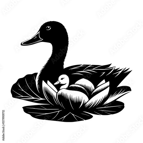 Mother duck and duckling nestled in lotus flower silhouette