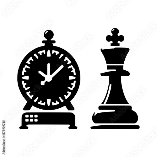 Chess king piece and vintage clock representing strategy and time