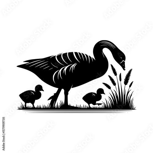 Elegant silhouette of a goose and two goslings in tall grass