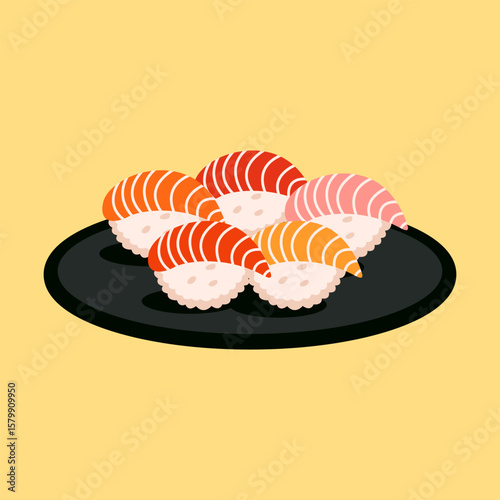 Sushi Arrangement on Plate: A colorful arrangement of sushi pieces rests gracefully on a dark plate, a delectable visual treat. This eye-catching illustration showcases the fresh ingredients.
