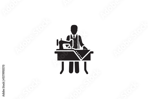 Tailor at Work with Sewing Machine Silhouette Crafting Fashion with Precision and Expertise in a Minimalist Black and White Design silhouette