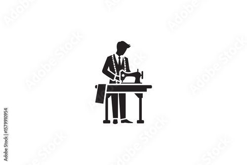 Tailor at Work on Sewing Machine with Measuring Tape Around Neck in Black Silhouette