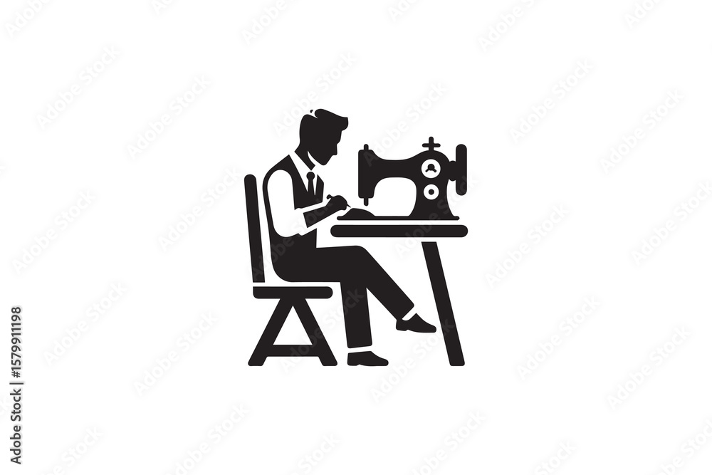 Fototapeta premium Tailor at Sewing Machine Silhouette Craftsmanship and Design a Black and White Image Depicting a Classic Sewing Scene with Silhouette Style