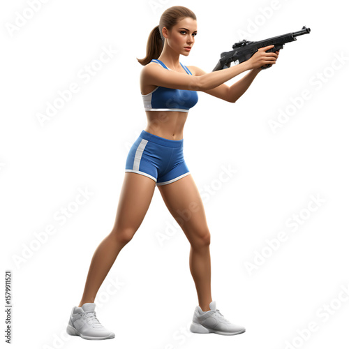 A 3D female athlete in a blue sports outfit, aiming a modern assault rifle - AI Generated