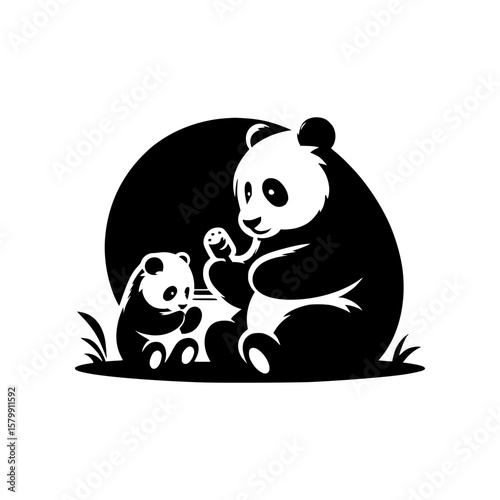 Adorable mother panda sharing a treat with her curious baby cub