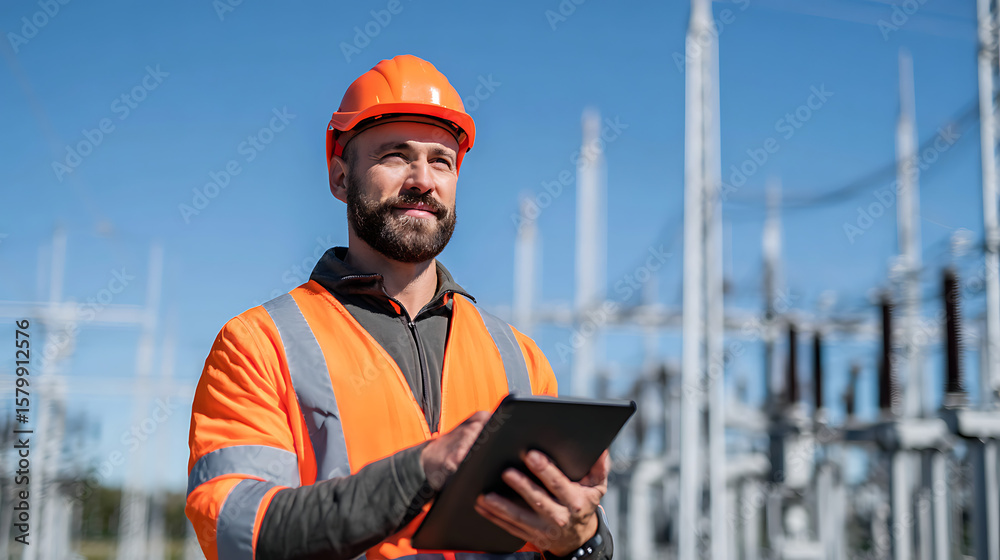 Fototapeta premium p3685236 255 Engineer checks data at high voltage substation under clear blue 89548713 1