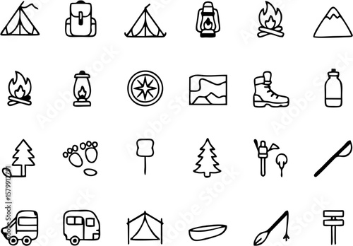 Vector camping and survival gear icon set including compass, flashlight, shoes, tent, map, backpack, tools, and first aid. Great for hiking and outdoor adventures.
