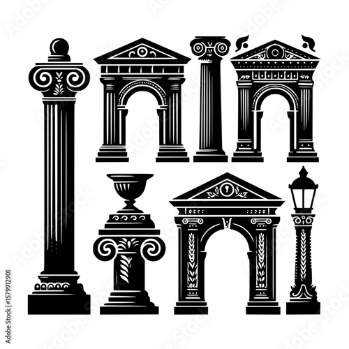 Collection of classical architectural elements and ornate pillars