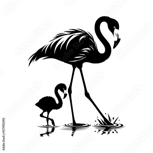 Elegant black silhouette of adult and baby flamingos in water