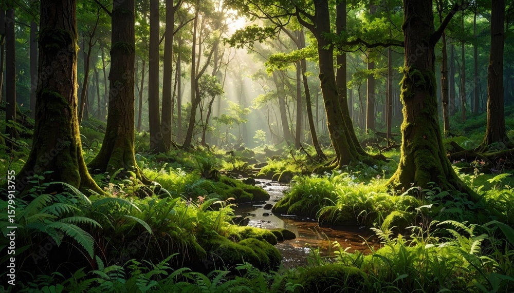 Fototapeta premium Sunlight streams through a lush forest