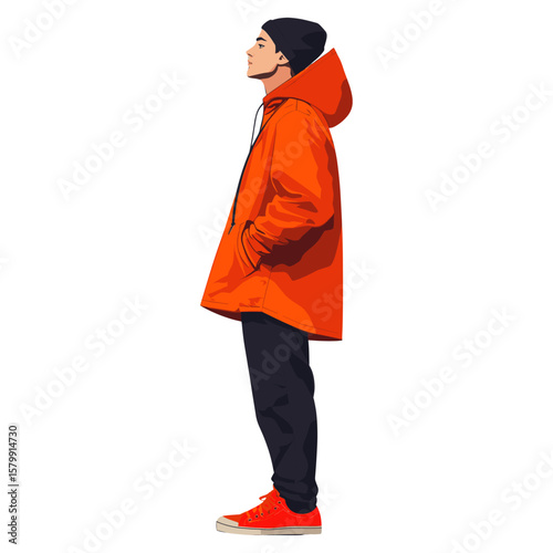 A young man in a burnt orange hooded parka illustration clothing sneakers vector